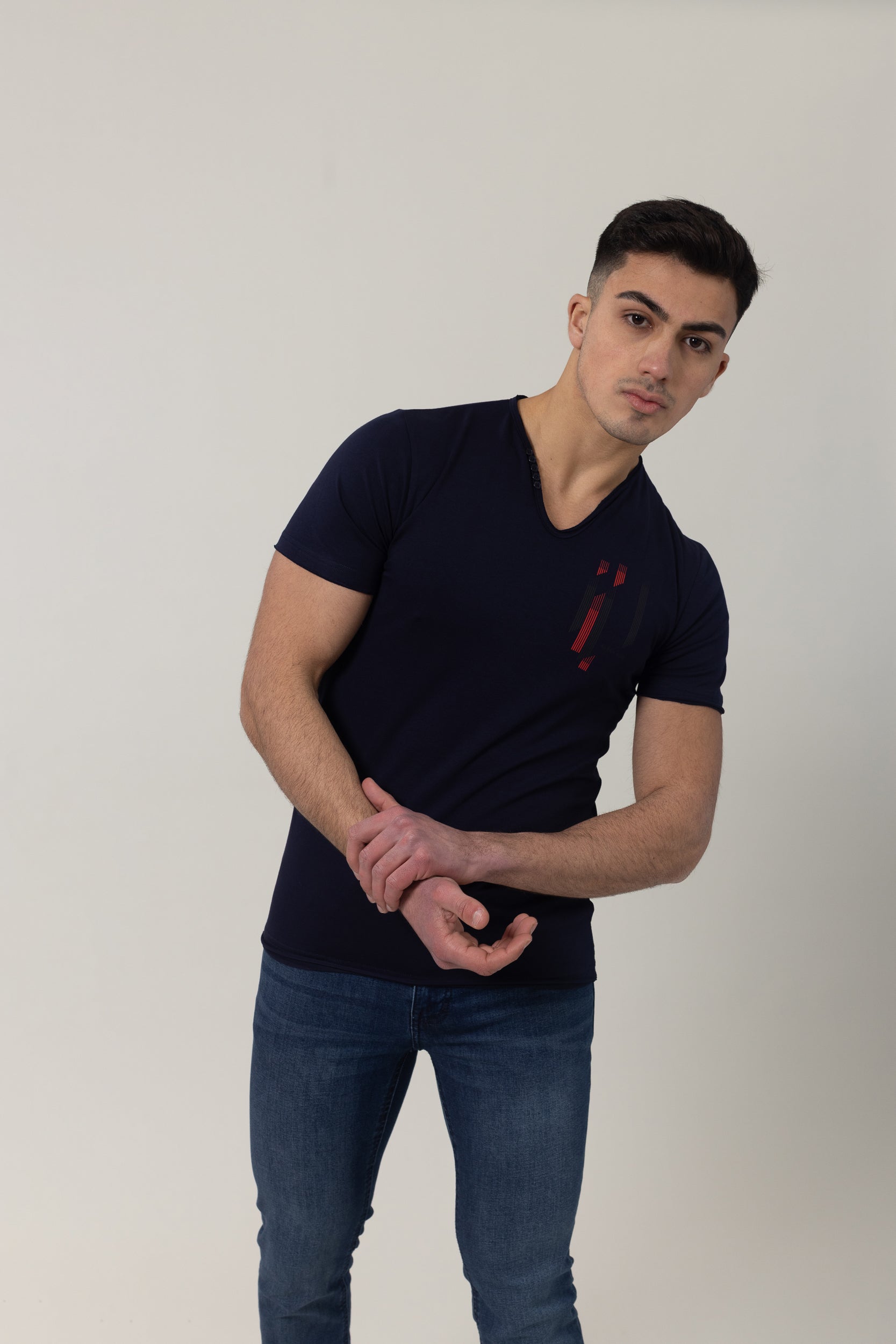 T-Shirt Cotton Lycra V- Neck - Navy