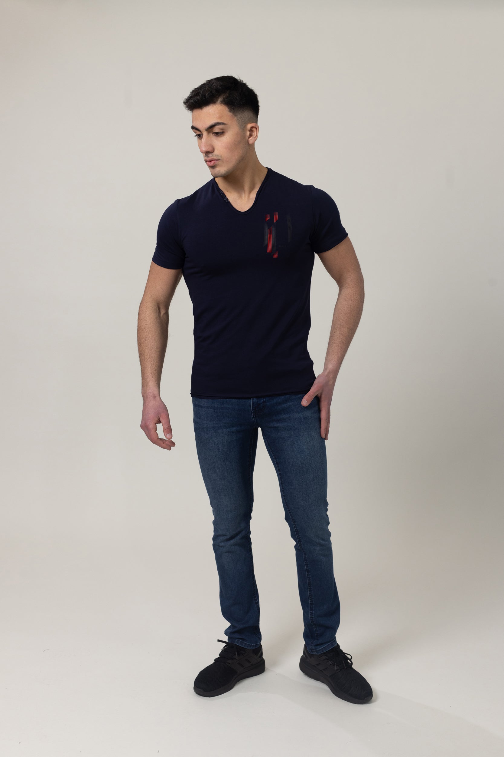 T-Shirt Cotton Lycra V- Neck - Navy
