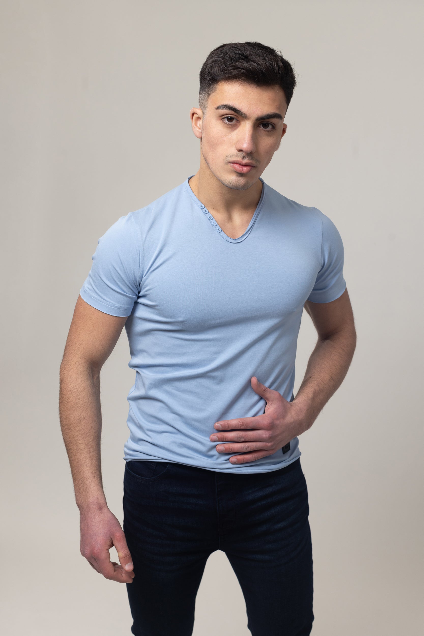 T-Shirt Cotton Lycra V- Neck  - Blue