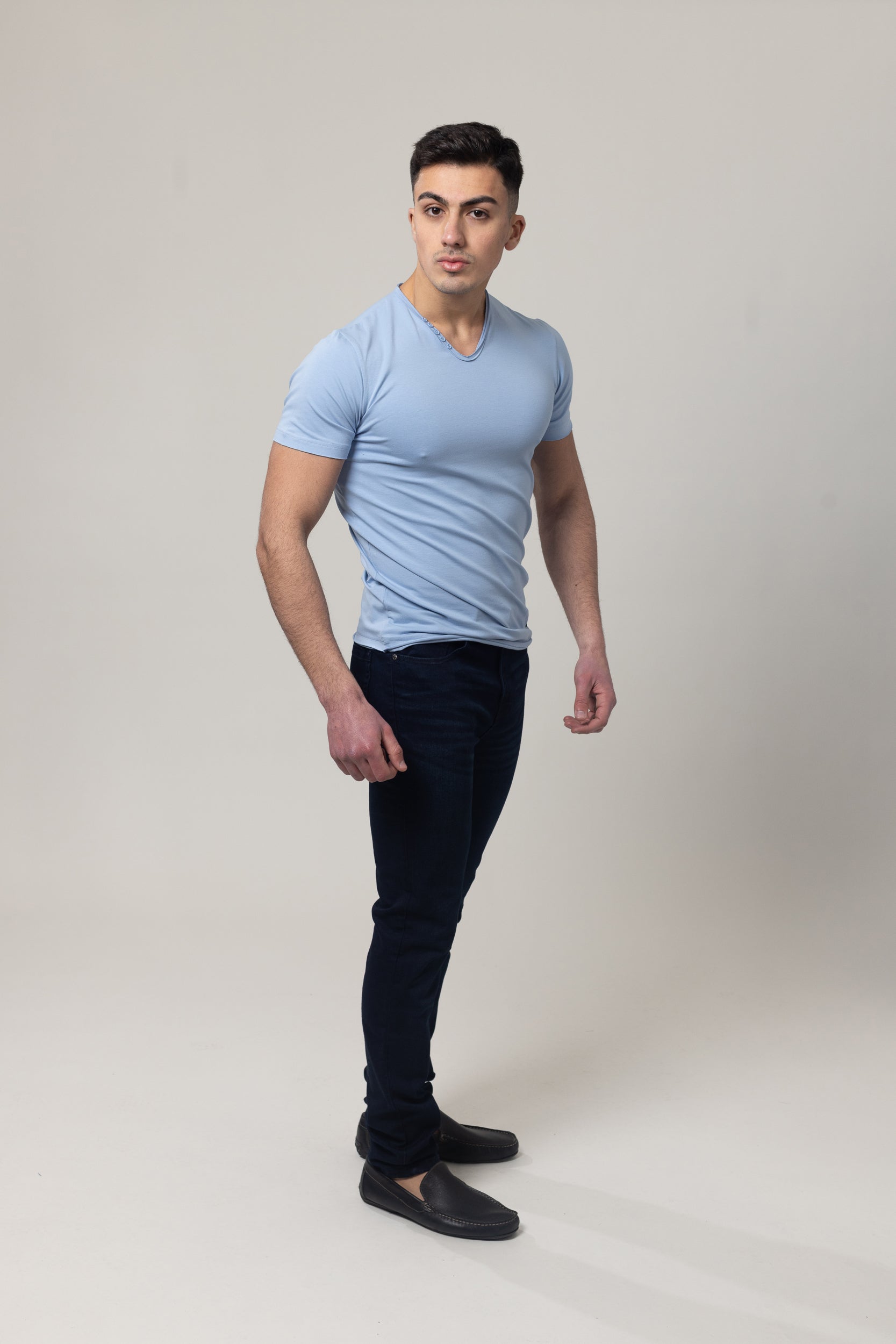 T-Shirt Cotton Lycra V- Neck  - Blue
