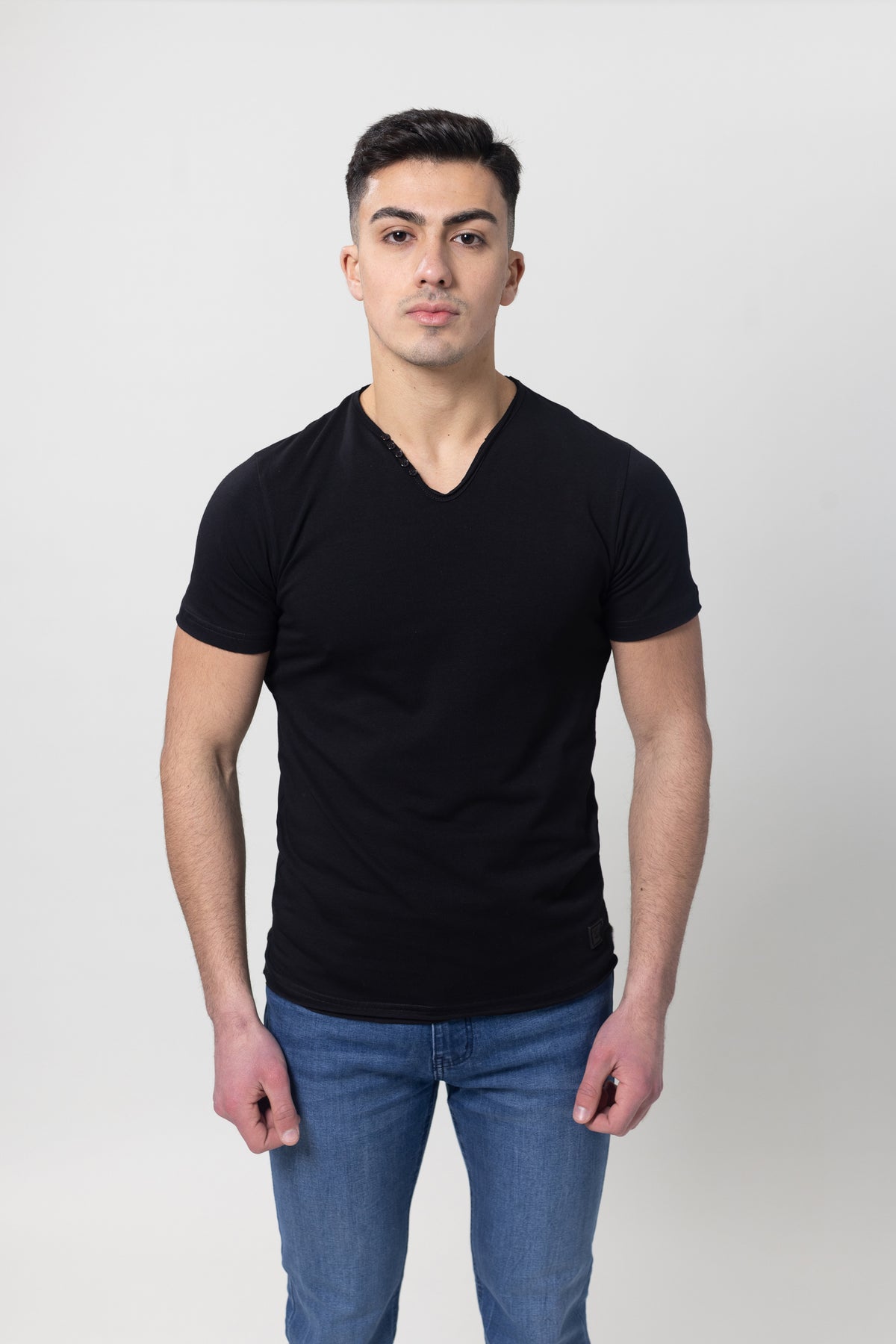 T-Shirt Cotton Lycra V- Neck  - Black