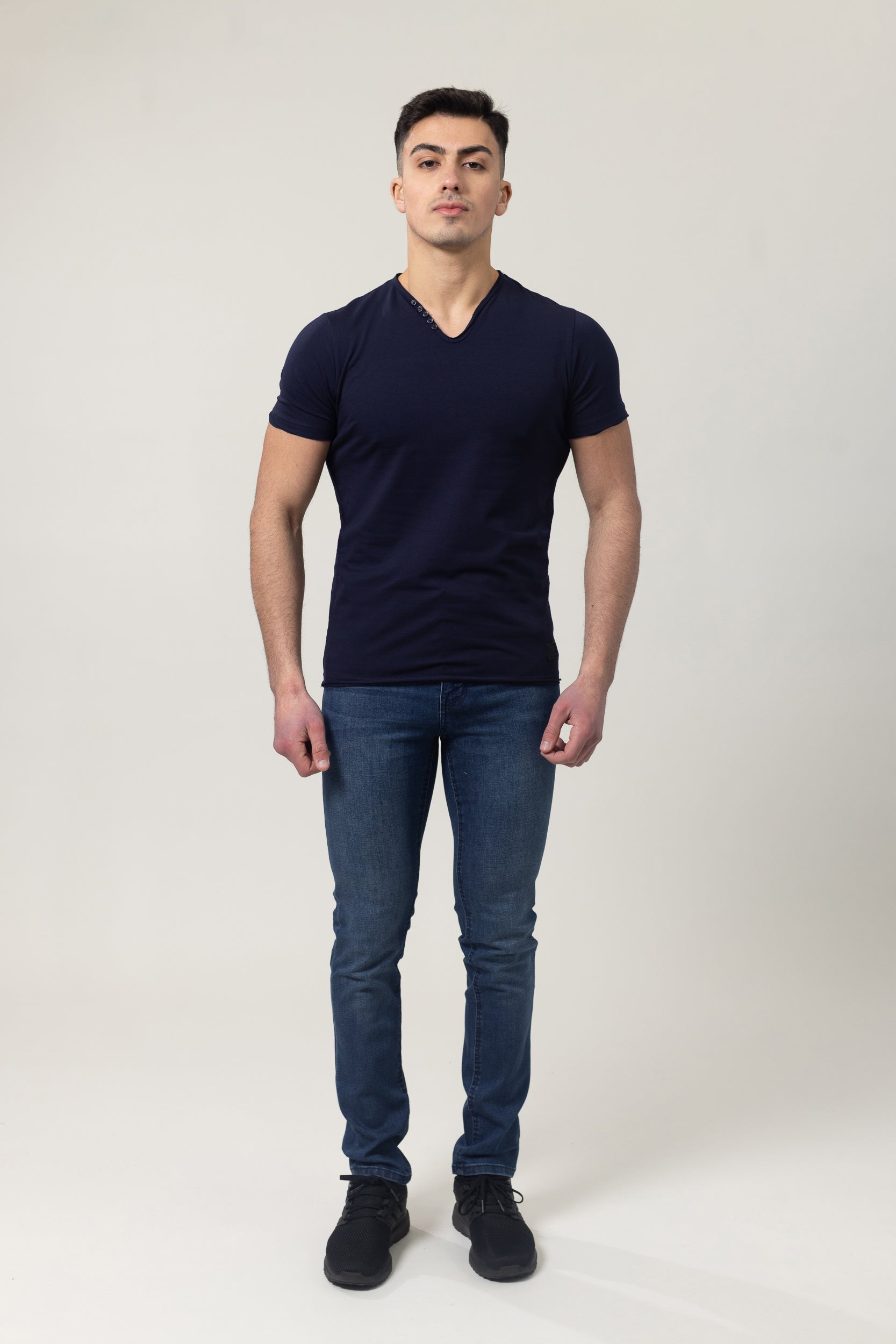 T-Shirt Cotton Lycra V- Neck  - Navy