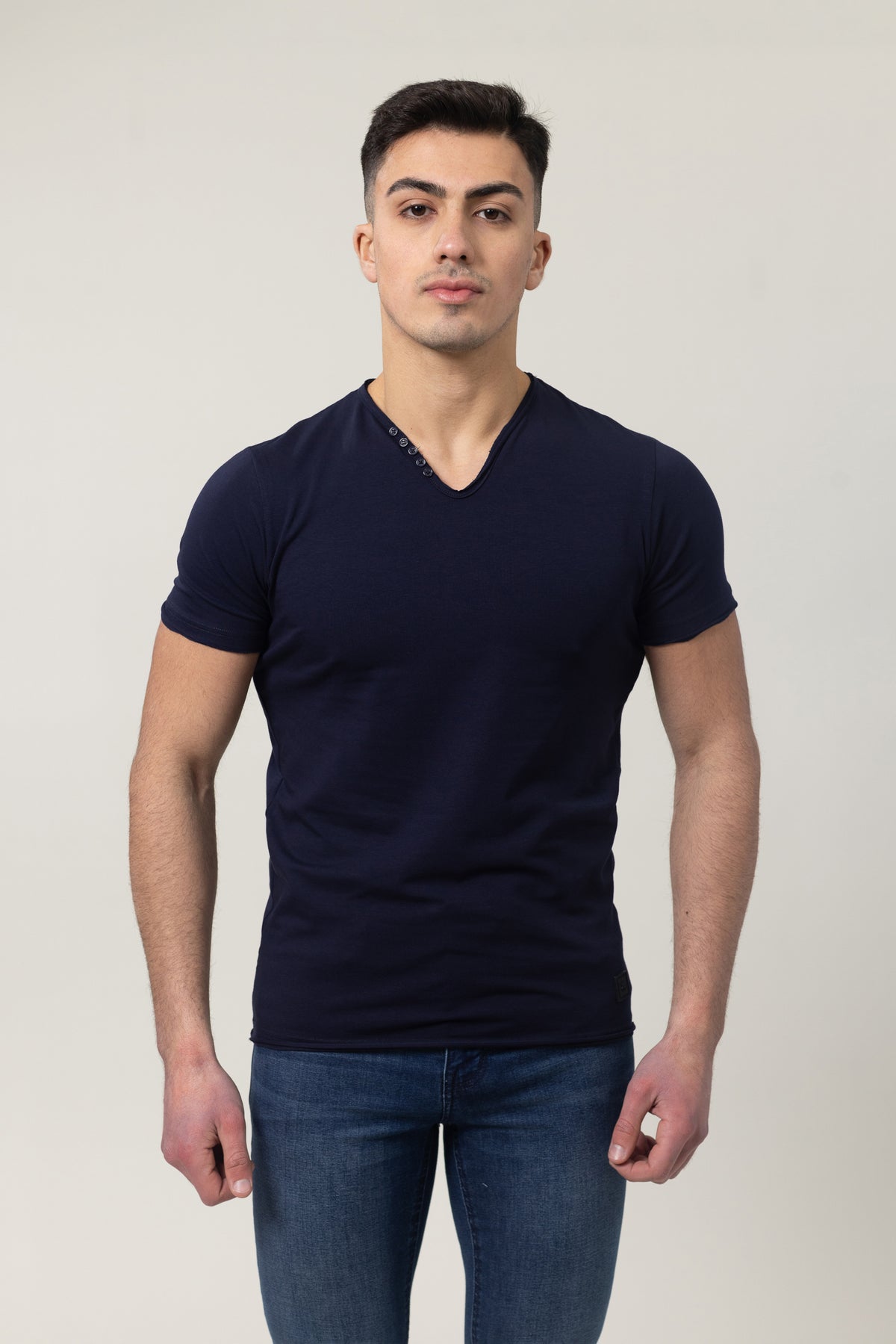 T-Shirt Cotton Lycra V- Neck  - Navy
