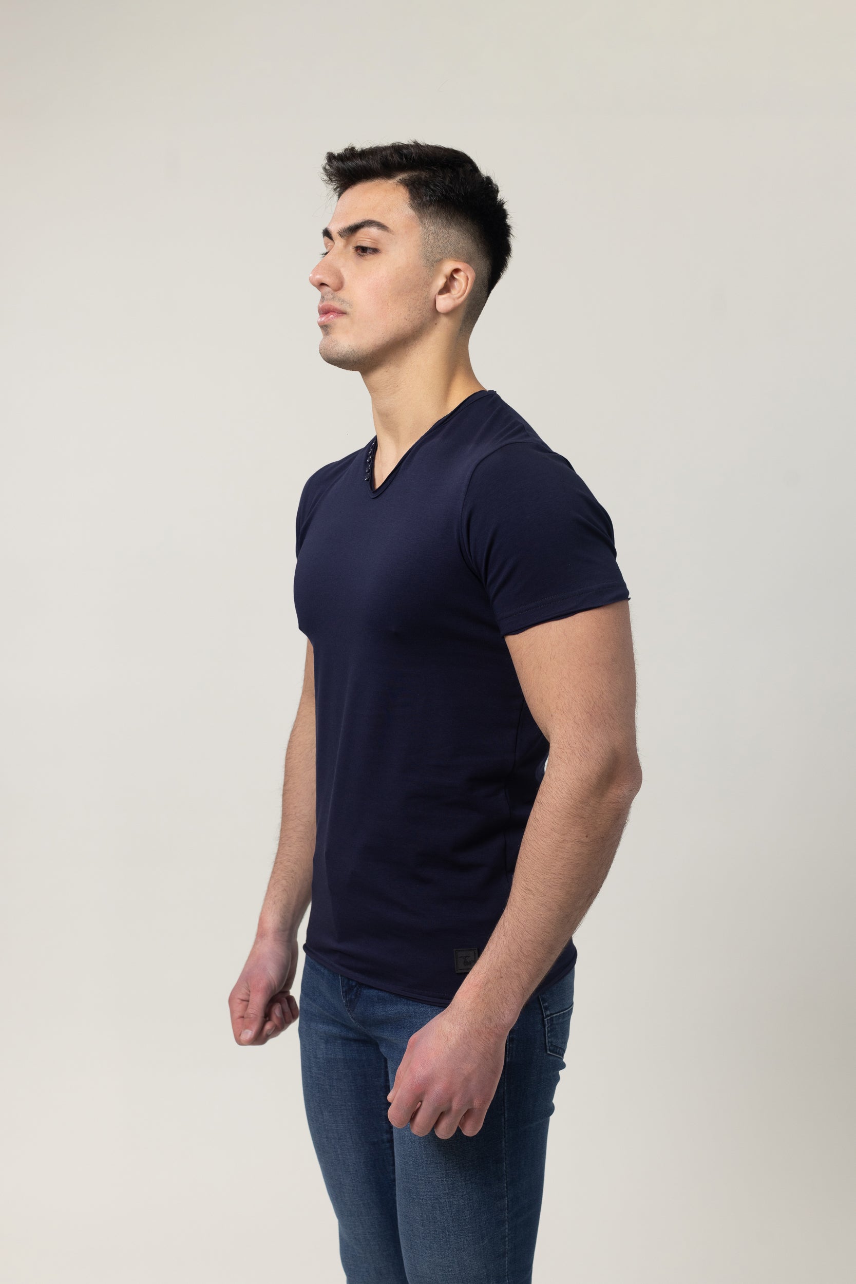 T-Shirt Cotton Lycra V- Neck  - Navy