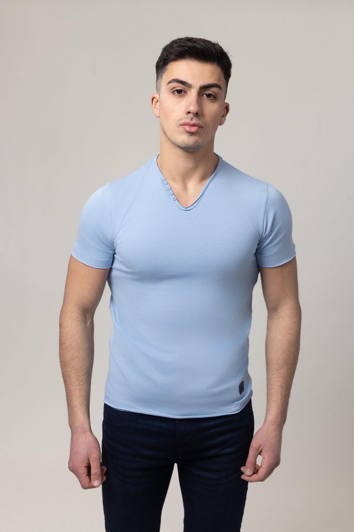 T-Shirt Cotton Lycra V- Neck  - Blue