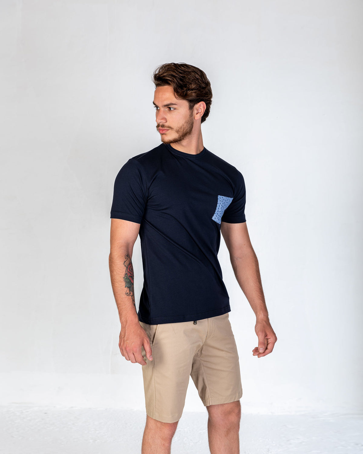 T-Shirt Cotton Lycra Round Neck With Pocket - Navy