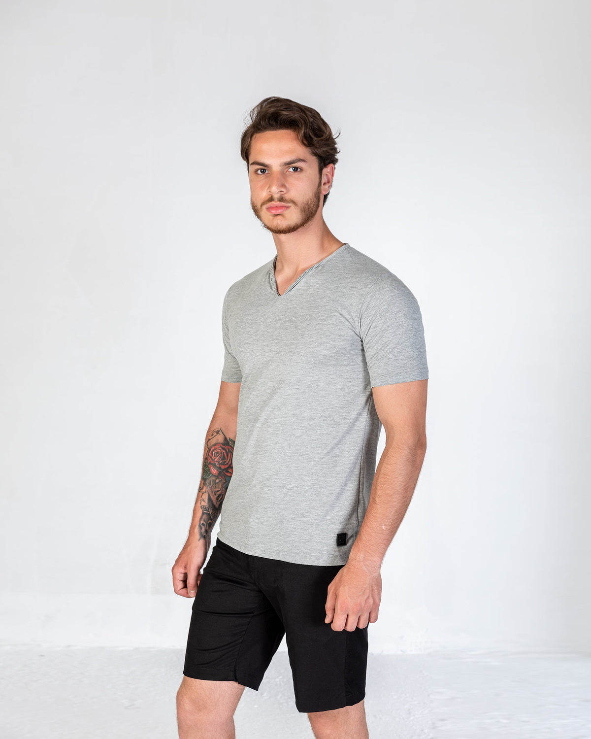 T-Shirt Cotton Lycra V-Neck With Buttons - Grey