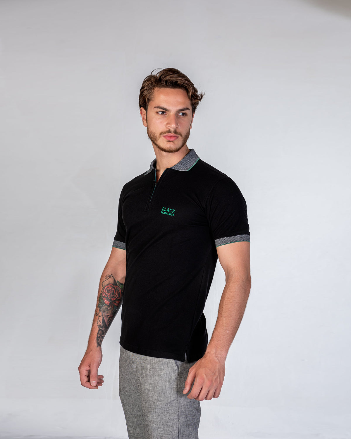 T-Shirt Polo Jakar Collar With Zipper - Black